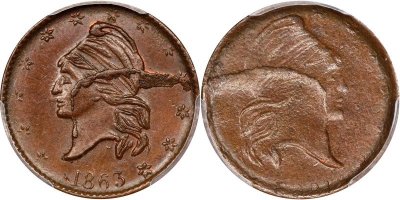 1863 French Liberty Head. Full Brockage. Fuld-18/0 a-inc. Rarity-9. Copper. Plai...