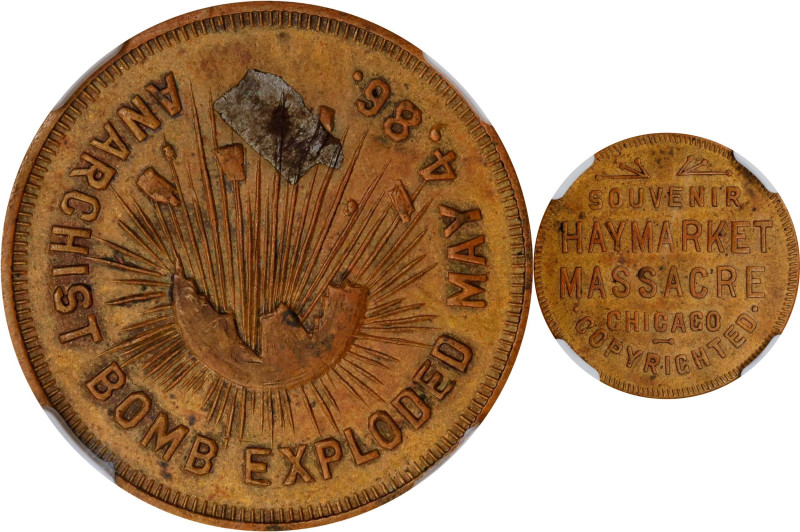 "1886" Chicago Haymarket Massacre Souvenir Token. Bronze, with Embedded Bomb Fra...