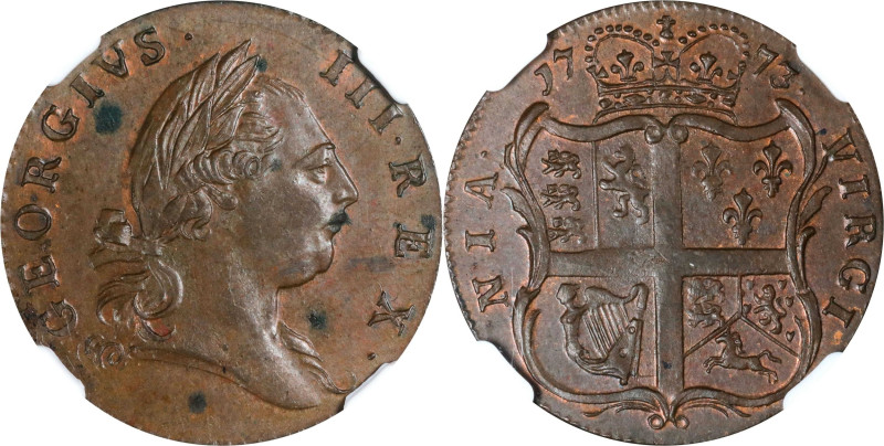 1773 Virginia Halfpenny. Newman 24-K, W-1570. Rarity-2. Period After GEORGIVS, 7...