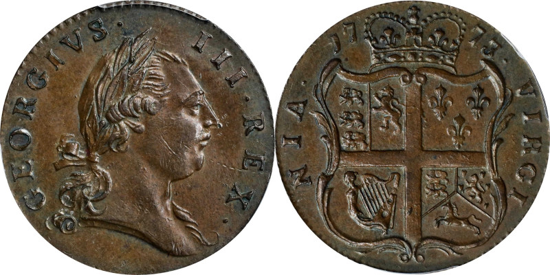 1773 Virginia Halfpenny. Newman 25-M, W-1580. Rarity-2. Period After GEORGIVS, 7...