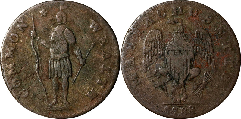 1788 Massachusetts Cent. Ryder 1-D, W-6190. Rarity-2+. Period After MASSACHUSETT...