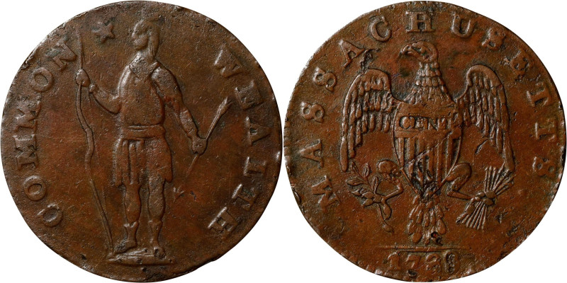 1788 Massachusetts Cent. Ryder 11-E, W-6300. Rarity-3+. Slim Indian, Period Afte...