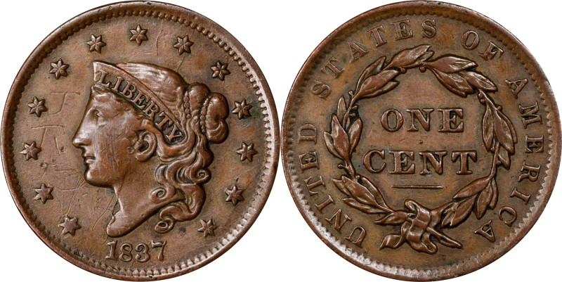 1837 Modified Matron Head Cent. N-9. Rarity-1. Head of 1838. Extremely Fine, Obv...