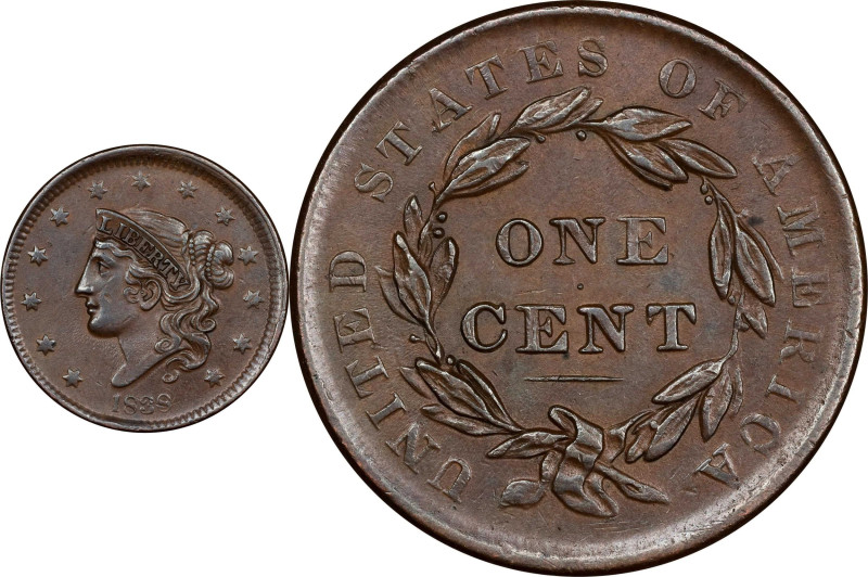 1838 Modified Matron Head Cent. N-3. Rarity-1. About Uncirculated.

PCGS# 3718...