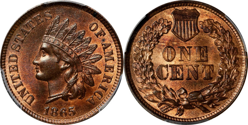 1865 Indian Cent. Fancy 5. MS-64 RB (PCGS).

PCGS# 2083. NGC ID: 227N.

Esti...