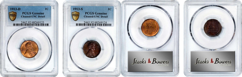 1913 Lincoln Cent. DS Set. Unc Details--Cleaned (PCGS).

Both examples are ind...