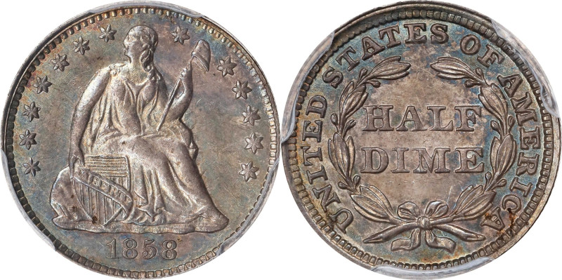 1858 Liberty Seated Half Dime. MS-63 (PCGS).

PCGS# 4367. NGC ID: 233U.

Fro...