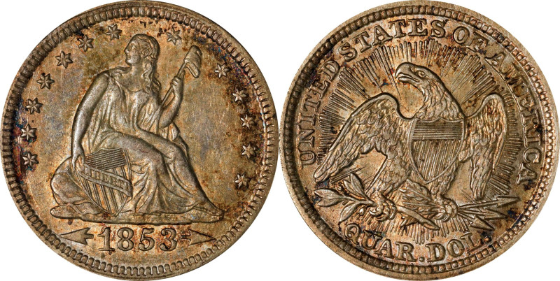 1853/4 Liberty Seated Quarter. Arrows and Rays. Briggs 1-A, FS-301. AU-55 (ANACS...