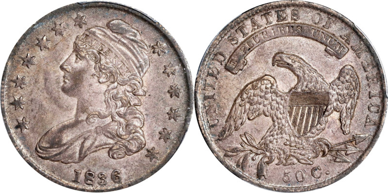 1836 Capped Bust Half Dollar. Lettered Edge. O-115. Rarity-3. Die State 115.1. A...