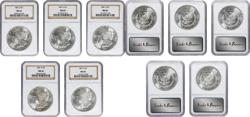 Lot of (5) 1881-S Morgan Silver Dollars. MS-64 (NGC).

PCGS# 7130. NGC ID: 254...