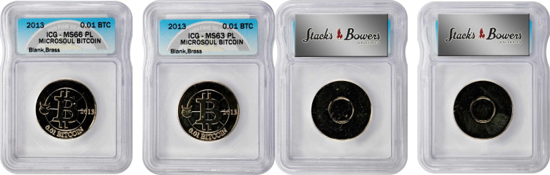 Two-Coin Set of Unfunded 2013 Microsoul 0.01 Bitcoins. Series 1 and 2 Type. Bras...