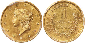 1849 Gold Dollar. Open Wreath, With L. AU-55 (PCGS).

PCGS# 7502. NGC ID: 25B8.

Estimate: $300