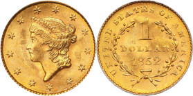 1852 Gold Dollar. MS-64 (PCGS). OGH.

PCGS# 7517. NGC ID: 25BP.

Estimate: $1000