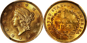 1853 Gold Dollar. MS-64 (PCGS).

PCGS# 7521. NGC ID: 25BU.

Estimate: $650