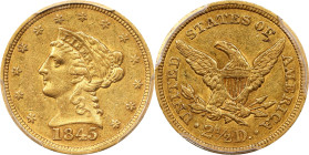 1845 Liberty Head Quarter Eagle. AU-53 (PCGS).

PCGS# 7737. NGC ID: 25GW.

Ex Stanley Kesselman, January 1962.

Estimate: $700