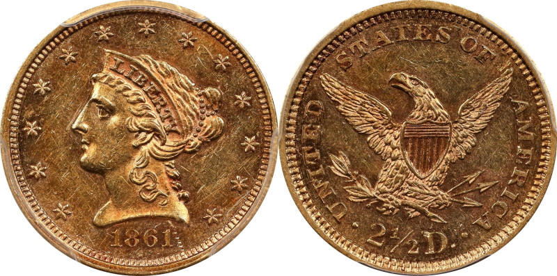 1861 Liberty Head Quarter Eagle. Type II Reverse. AU-58 (PCGS).

PCGS# 7794. N...