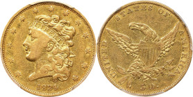 1834 Classic Head Half Eagle. HM-7. Rarity-3. Plain 4. VF-35 (PCGS).

PCGS# 8171. NGC ID: 25RR.

Estimate: $750