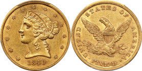 1840 Liberty Head Half Eagle. AU-58 (PCGS).

PCGS# 8194. NGC ID: 25SA.

From Abner Kreisberg's sale, June 1968, lot 1419.

Estimate: $2000