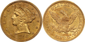 1846 Liberty Head Half Eagle. Large Date. AU-58 (PCGS).

PCGS# 8226. NGC ID: 28BG.

From Mayflower Coin Auctions sale, May 1968, lot 749.

Estim...