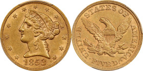 1853 Liberty Head Half Eagle. AU-55 (PCGS).

PCGS# 8253. NGC ID: 25UD.

From Mayflower Coin Auctions sale, May 1968, lot 758.

Estimate: $800