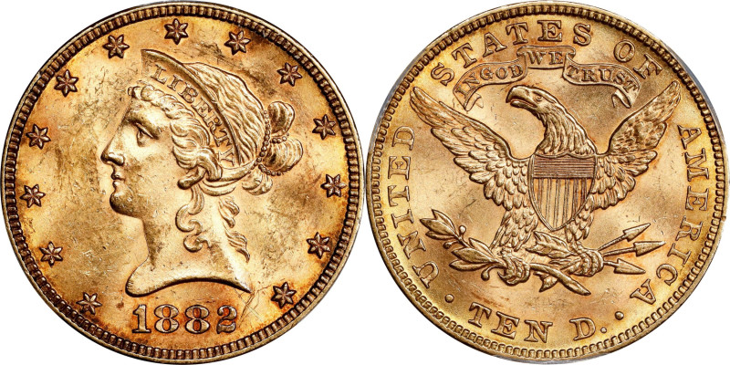 1882 Liberty Head Eagle. MS-62 (PCGS).

PCGS# 8695. NGC ID: 2662.

Estimate:...