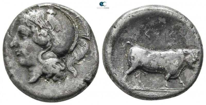 Campania. Hyria 405-400 BC. 
Didrachm AR

20 mm., 6,99 g.

Head of Athena l...
