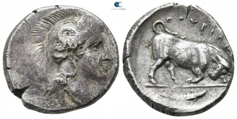 Lucania. Thourioi 400-350 BC. 
Stater AR

23 mm., 7,73 g.

Head of Athena r...