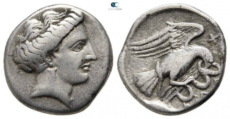 Euboea. Chalkis 338-308 BC. 
Drachm AR

17 mm., 3,62 g.

Head of the nymph ...
