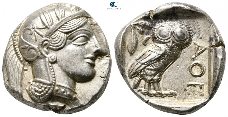 Attica. Athens circa 454-404 BC. 
Tetradrachm AR

25 mm., 17,22 g.

Head of...