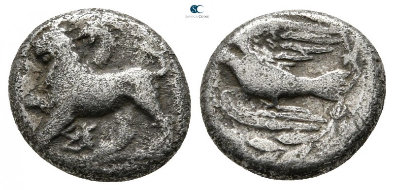 Sikyonia. Sikyon 335-330 BC. 
Diobol AR

12 mm., 1,70 g.

Chimaera standing...