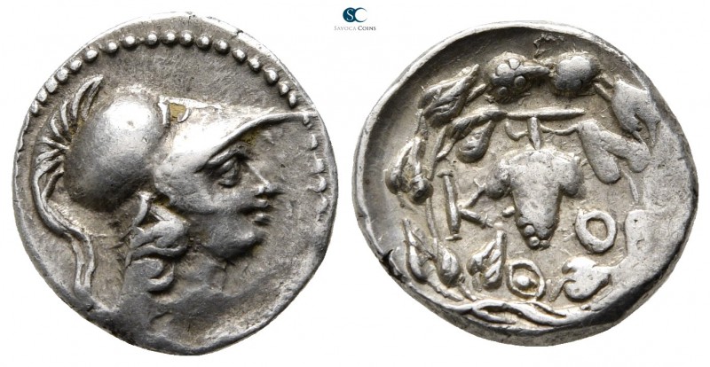 Messenia. Korone 100-50 BC. 
Hemidrachm AR

15 mm., 2,40 g.

Helmeted head ...