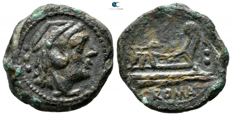Anonymous circa 135-125 BC. Rome
Quadrans Æ

21 mm., 5,52 g.

Head of Hercu...