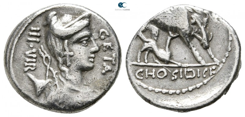 C. Hosidius C. f. Geta 68 BC. Rome
Denarius AR

17 mm., 3,87 g.

GETA - III...
