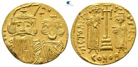 Constans II, with Constantine IV, Heraclius, and Tiberius AD 641-668. Struck AD 662-667. Constantinople. 6th officina. Solidus AV