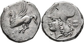 Stater AR
Akarnania, Thyrrheion, c. 320-280 BC, ΘY Pegasos flying left. Rev. Head of Athena to left, wearing Corinthian helmet; before, Θ; behind neck...