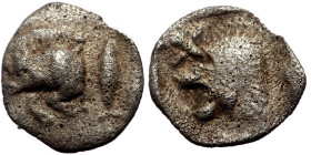 Hemiobol AR
Mysia, Kyzikos (c. 450-400 BC), Forepart of boar left; to right, tunny upward, Head of roaring lion left; star to upper left; all within i...