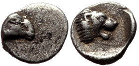Tetartemorion AR
Caria, uncertain mint, c. 420-350 BC,
Ram's head right / Roaring lion's head right
6 mm, 0,20 g
SNG Keckman 903