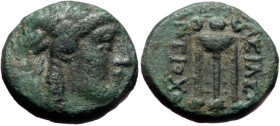 Bronze AE
Seleukid Kingdom, Antiochos II (261-246 BC), Sardeis, Laureate head of Apollo to r., ΒΑΣΙΛΕΩΣ / ΑΝΤΙΟΧΟΥ, Tripod
 HGC 9, 523