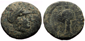 Bronze Æ
Kings of Thrace, Macedonian, Lysimachos 305-281 BC
uncertain mint, Helmeted head of Athena right, BAΣΙΛΕΩΣ ΛYΣIMAXOY. Athena Parthenos stan...