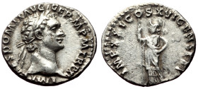 Denarius AR
IMP CAES DOMIT AVG GERM P M TR P XI. Laureate head r., AD 92, IMP XXI COS XVI CENS P P P. Minerva standing l., holding spear
RIC 733