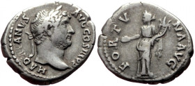 Denarius AR
Hadrian (117-138), Rome, AD 131-138, HADRIANVS AVG COS III P P, Laureate head r. / FORTVNA AVG, Fortuna standing left, holding patera and ...