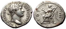 Denarius AR
Hadrian (117-138), Rome, AD 128-130, HADRIANVS AVGVSTVS P P. Laureate head r. / COS III. Victory seated l., holding wreath and palm
RIC 34...