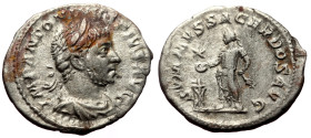 Denarius AR
Elagabal (218-222), IMP ANTONINVS PIVS AVG, Laureate, draped (and horned) bust r. / SVMMVS SACERDOS AVG, Elagabalus standing l., sacrifici...