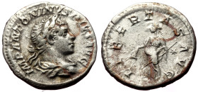Denarius AR
Elagabal (218-222), IMP ANTONINVS PIVS AVG. Laureate, draped bust r. / LIBERTAS AVG. Libertas standing l., holding pileus and sceptre, sta...
