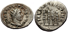 Antoninianus AR
Philip I, AD 247-249, IMP PHILIPPVS AVG. IMP PHILIPPVS AVG. Radiate, draped, cuirassed bust r. / FIDES EXERCITVS. Three military stand...