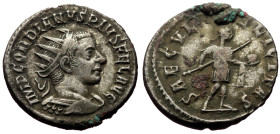 Antoninianus AR
Gordian III (238-244), Antioch mint, AD 242-244
IMP GORDIANVS PIVS FEL AVG. Radiate, cuirassed bust r. / SAECVLI FELICITAS. Gordian st...