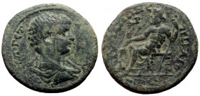 Bronze Æ
Phrygia, Amorium(?) – Geta (as Caesar), c. AD 198-209, Π CЄΠ ΓЄTAC KAICAP. Bareheaded, draped and cuirassed bust r. / AMOPIANΩN(?). Zeus seat...