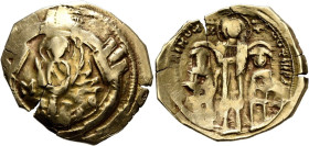 Hyperpyron AV
Andronicus II Palaeologus, with Michael IX, 1282-1328, Constantinopolis. Bust of Virgin Mary, orans, within city walls furnished with fo...