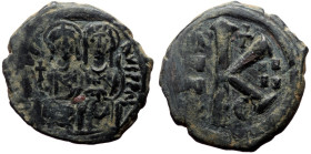 Follis Æ
Heraclius and Heraclius Constantine, Constantinople (?). 610-641 AD, No legend, Heraclius, crowned and in military attire, holding long cross...