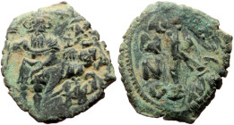 3/4 Follis AE
Heraclius, with Heraclius Constantine (610-641), unknown mint, 1st officina. unknown date, Heraclius, on left, wearing crown and militar...